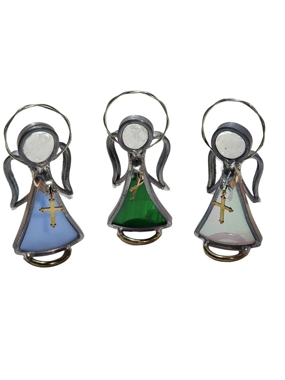 Pewter and Glass tiny Angels holding Goldtone Cross Pink Green Blue